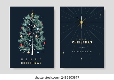 Conjunto de Vector de tarjeta de invitación de árbol de Navidad de lujo. Árbol de Navidad, chuchería de Navidad, hojas, acebo, fuegos artificiales sobre fondo azul marino. Ilustración de diseño para portada, impresión, póster, Fondo de pantalla.