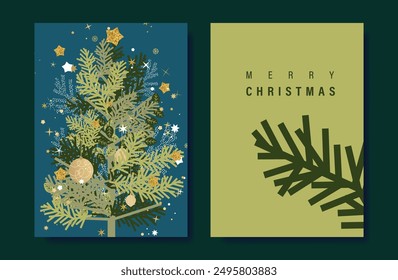 Luxury christmas tree invitation card vector set. Christmas tree, snowflake, christmas bauble, gold foil texture on blue and green background. Design illustration for cover, print, poster, wallpaper.