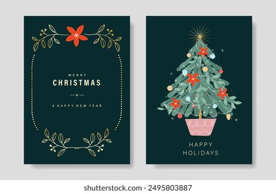 Conjunto de Vector de tarjeta de invitación de árbol de Navidad de lujo. Árbol de Navidad, chuchería de Navidad, hojas, acebo sobre fondo verde. Ilustración de diseño para portada, impresión, póster, Fondo de pantalla.