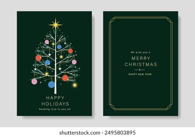 Luxury christmas tree invitation card vector set. Christmas tree, christmas bauble ball, gold frame on green background. Design illustration for cover, print, poster, wallpaper.