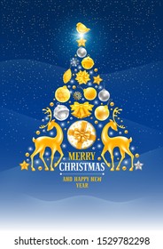 Luxury Christmas Tree made of festive elements such as golden and silver bells, gift, snowflakes, christmas balls, birds, deers etc on snowy background. Christmas and New Year greeting card. Vector.