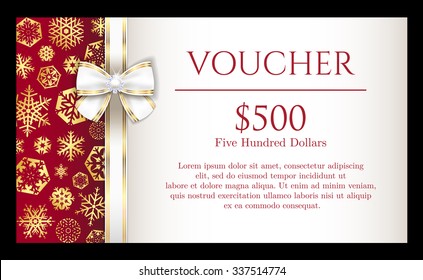 Luxury Christmas Voucher With Golden Snowflakes And White Ribbon