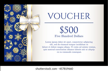 Luxury Christmas voucher with golden snowflakes on blue background and with white ribbon