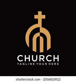 luxury church building logo and icon design vector template on a dark brown background.