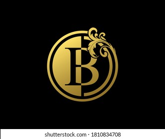 Luxury Circle B Letter Floral Logo. Vintage Gold B Swirl Logo Icon.