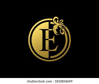 Luxury Circle E Letter Floral Logo. Vintage Gold E Swirl Logo Icon.