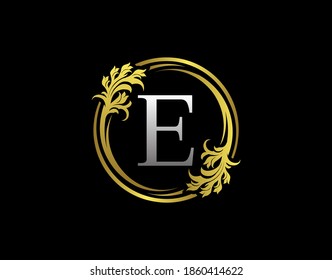 Luxury Circle E Letter Floral Logo. Royal Gold E Swirl Vector Icon.