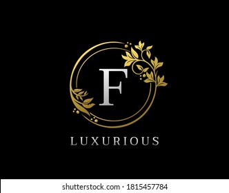 Luxury Circle F Letter Floral Design. Elegant Gold F Royal Logo Icon.