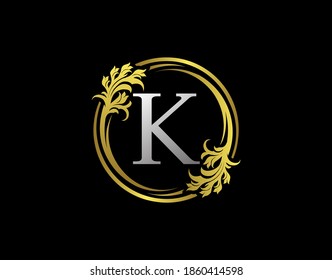 Luxury Circle K Letter Floral Logo. Royal Gold K Swirl Vector Icon.