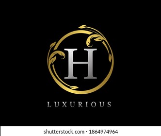 Luxury Circle Letter H Floral Design. Vintage Gold H Swirl Logo Icon.