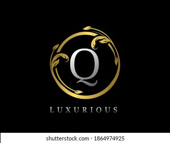 Luxury Circle Letter Q Floral Design. Vintage Gold Q Swirl Logo Icon.