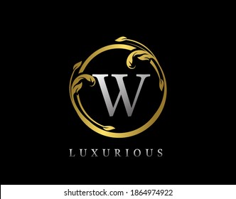 Luxury Circle Letter W Floral Design. Vintage Gold W Swirl Logo Icon.