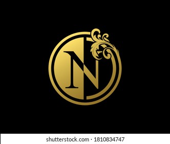 Luxury Circle N Letter Floral Logo. Vintage Gold N Swirl Logo Icon.