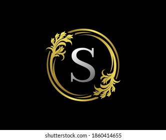 Luxury Circle S Letter Floral Logo. Royal Gold S Swirl Vector Icon.