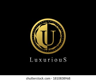 Luxury Circle U Letter Floral Design. Vintage Gold U Royal Logo Icon.