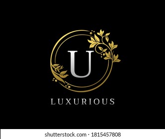 Luxury Circle U Letter Floral Design. Elegant Gold U Royal Logo Icon.