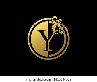 Luxury Circle Y Letter Floral Logo. Vintage Gold Y Swirl Logo Icon.