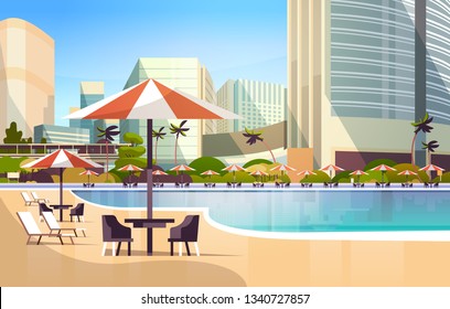 luxury city hotel swimming pool resort with umbrellas desks and chairs restaurant furniture around summer vacation concept cityscape background horizontal vector illustration