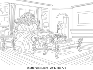 Luxo Clássico Quarto Interior Linha Desenho, Preto e branco linha arte ilustração de um luxuoso clássico quarto interior design com mobiliário ornamentado, incluindo uma grande cama, arquibancadas, lâmpadas,