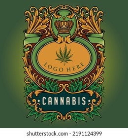 Luxury classic cannabis crown badge with flourish ornate vector illustrations for your work logo, merchandise t-shirt, stickers and label designs, poster, greeting cards advertising business brands