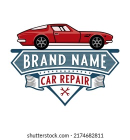luxury classic car logo design illustration. car and garage theme with stripes. for car garage or repair shop.