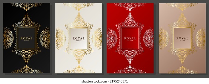 Marco clásico de lujo con fondo negro, blanco, rojo y rosa. Ornamentos góticos dorados y plateados, estilo victoriano, espacio para el logo: elegante juego de portada.