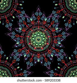 Luxury classic ornament, royal victorian texture for wallpapers, print, textile or fabric. Vector illustration. Baroque vintage floral damask seamless pattern in violet, green and yellow colors.