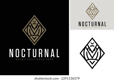 Luxury Classic Owl Bird on Branch with Art Deco Line Art Style with Crescent Moon logo design