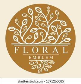 Elegante emblema floral vectorial de lujo de estilo clásico sobre fondo oscuro, boutique de forma redonda o logotipo de hotel, hojas y ramas distintivo lineal en círculo.