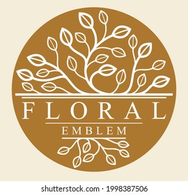 Luxury classic style elegant vector floral emblem on dark background, round shape boutique or hotel logo, leaves and branches linear badge in circle.