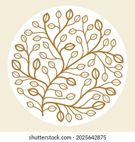 Elegante emblema floral vectorial de lujo de estilo clásico aislado en fondo blanco, boutique de forma redonda o logo de hotel, hojas y ramas distintivo lineal en círculo.