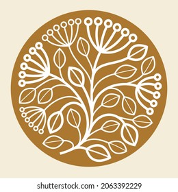 Elegante emblema floral vectorial de lujo de estilo clásico sobre fondo oscuro, boutique de forma redonda o logotipo de hotel, hojas y ramas distintivo lineal en círculo.