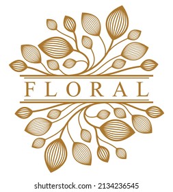 Luxury classic style elegant vector floral emblem isolated on white background, boutique or hotel logo, leaves and branches linear badge.