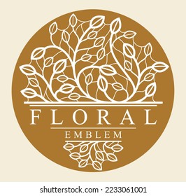 Luxury classic style elegant vector floral emblem on dark background, round shape boutique or hotel logo, leaves and branches linear badge in circle.