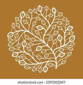 Luxury classic style elegant vector floral emblem on dark background, round shape boutique or hotel logo, leaves and branches linear badge in circle.