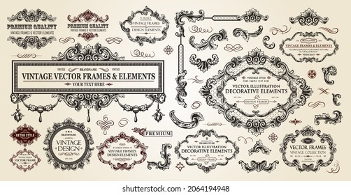 Luxury classic vignettes, borders, labels and monograms isolated on a white background. Vintage frames collection. Decorative calligraphic elements in retro style.