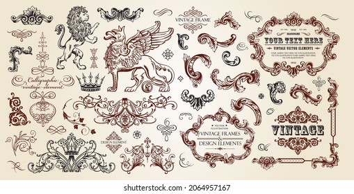 Luxury classic vignettes, borders, labels and monograms isolated on a white background. Vintage frames collection. Decorative calligraphic elements in retro style.