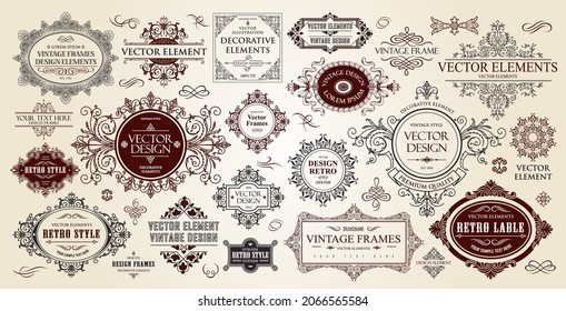 Luxury classic vignettes, borders, labels and monograms isolated on a white background. Vintage frames set. Decorative calligraphic elements for posters, certificates and cards in victorian style.