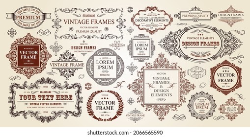 Luxury classic vignettes, borders, labels and monograms isolated on a white background. Vintage frames set. Decorative calligraphic elements for posters, certificates and cards in victorian style.