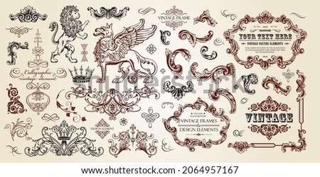 Luxury classic vignettes, borders, labels and monograms isolated on a white background. Vintage frames collection. Decorative calligraphic elements in retro style.