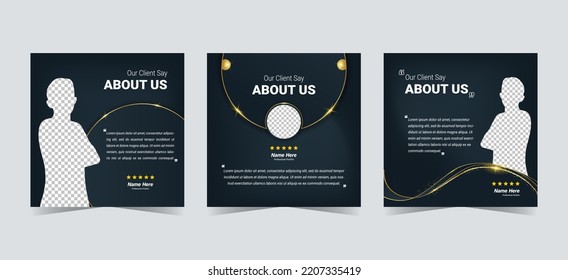 Luxury client testimonial template. Black gold customer feedback frame layout with glitter and star. Vector eps10 illustration