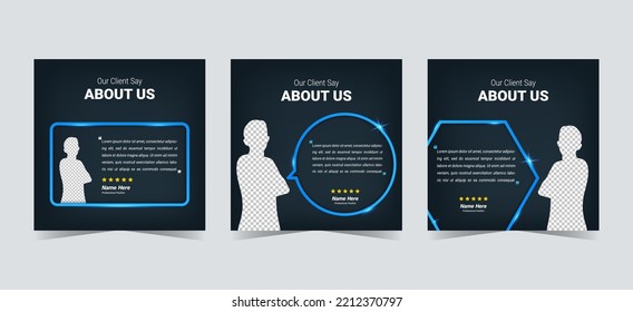 Luxury client testimonial template. Black blue customer feedback frame layout with glitter and star. Vector eps10 illustration