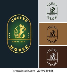 Elementos de plantilla de diseño del logotipo de la carta del grano de café de lujo - signo vectorial. Logo de la carta E para tarjeta de visita e identidad corporativa. 

