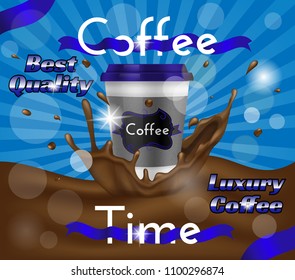 Luxury Coffee Time Ad Poster, Liquid Splash, Best Quality Text on Blue Background with Beams, Design Ads Template, Promotion Banner, Drink Concept, Hand Drawn, Photo Realistic, 3D Vector Illustration