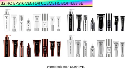 Luxury color 32 pcs. cosmetics bottle set: dispenser, dropper, cream tubes, deodorant. Vector cosmetic mockup package design. Sample label and logo included.