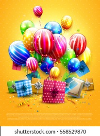 Luxury colorful balloons, confetti and gift boxes on orange background.
Party or birthday template