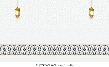 luxury colorful border ramadan kareem eid mubarak arabesque islamic background banner cover with pattern. Translation: "Muslim fasting month and celebration day".