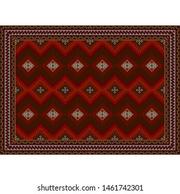 Luxury colorful ethnic carpet with diamond pattern in red and burgundy shades, with gray and black patterns on a white background


