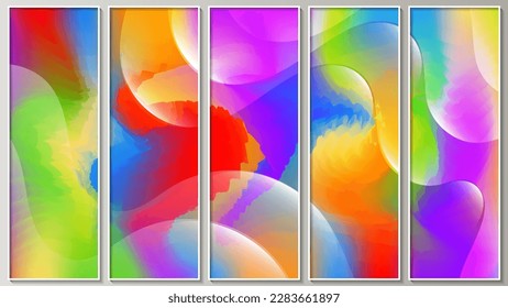 Luxury colorful panel in rainbow colors. Overlapping wavy translucent shapes against a crazy mix of colors. Five images in white thin frames. Vector.