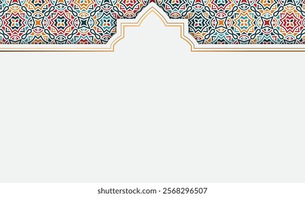 luxury colorful pattern white ramadan kareem eid mubarak arabesque islamic arch background banner cover design. Translation: Translation: "Muslim fasting month and celebration day".